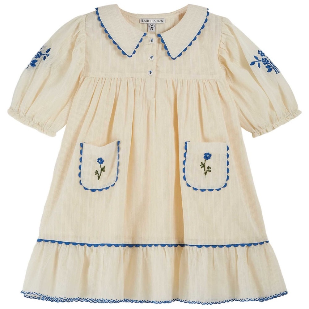 Emile et Ida Ivory Dress with Navy Embroidery